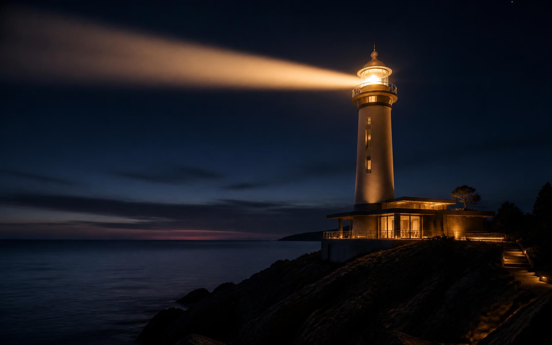 Lighthouse casting a beam of light across a dark coastline at dusk