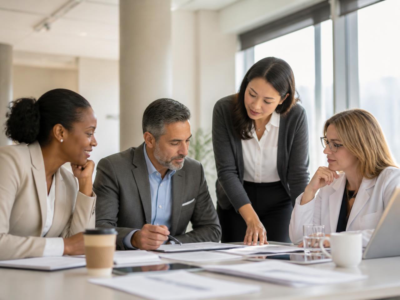 Healthcare administrators reviewing revenue reports together